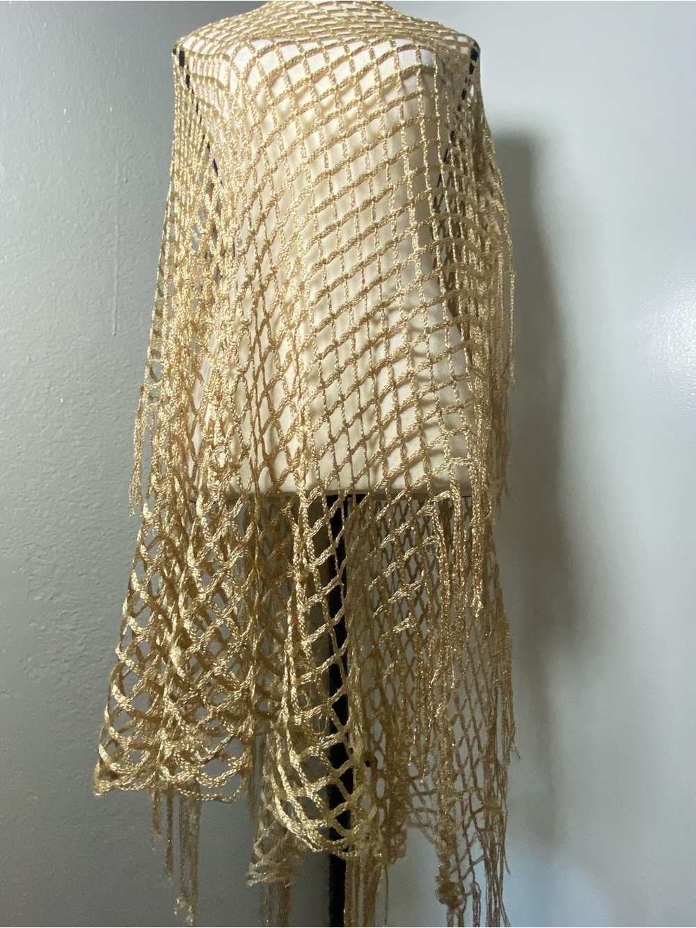 Y2K Gold Crochet Fringe Long Poncho One Size